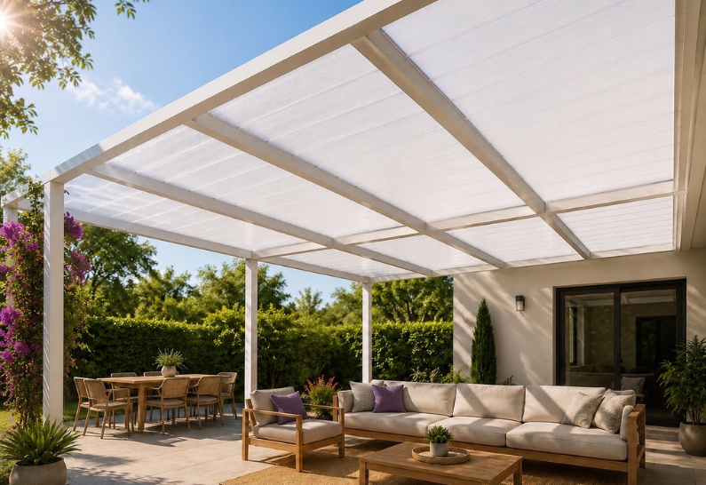 PERGOLA AVEC PLAQUE ALVEOLAIRE OPALE