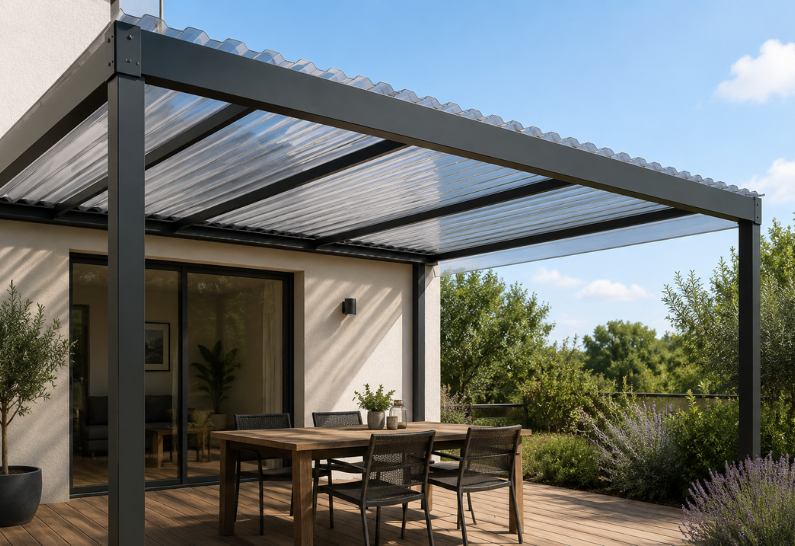 PERGOLA AVEC PLAQUES PVC ONDULÉES TRANS-BLUE